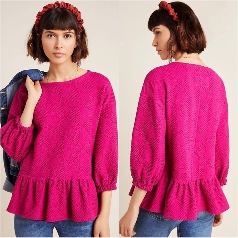 Anthropologie Maeve Blouse Mikayla Peplum Top Textured 3/4 Sleeves Pink M